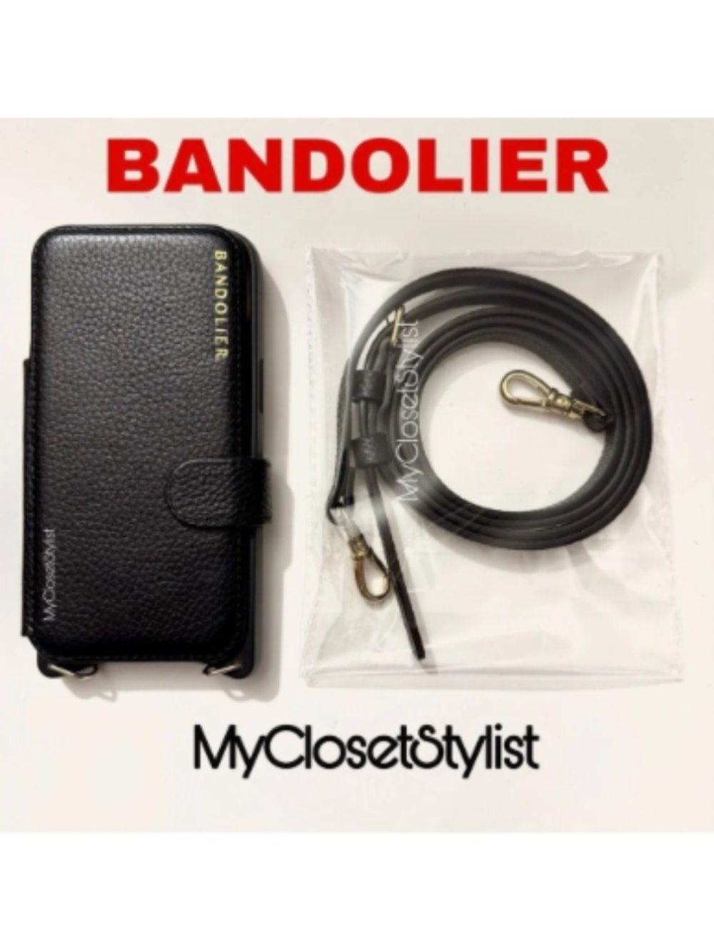 NEW Bandolier Black Leather FOLIO 12& Pro Gold iPhone Crossbody Purse CASE STRAP